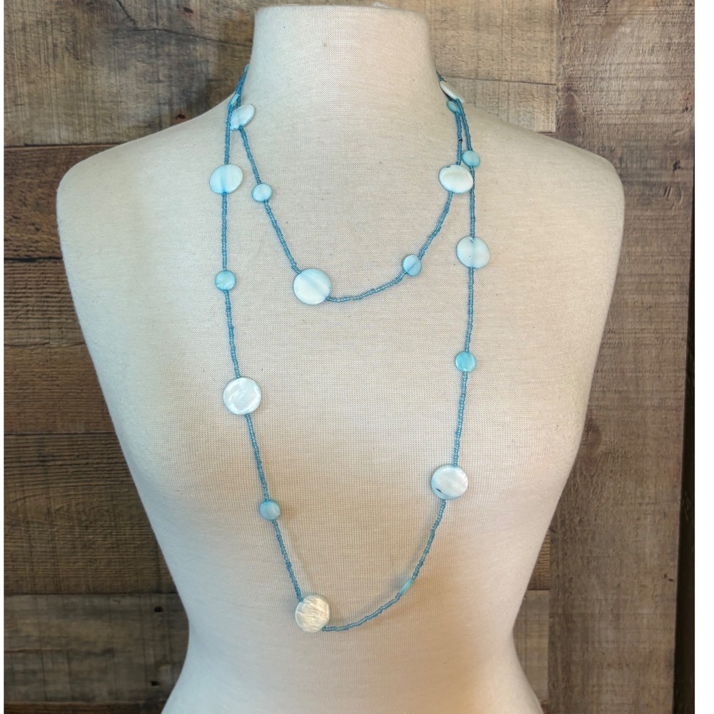 Blue Mother of Pearl Shell Double Strand Long Seed Bead Necklace